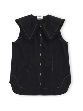 Ganni Black Ruffle Collar Button-Front Sleeveless Top